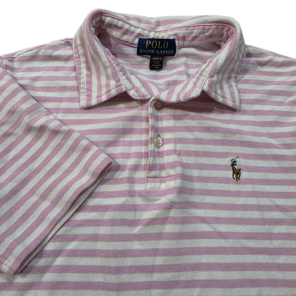 Polo Ralph Lauren Boys Size M 10-12 Pink White Striped Mesh Polo Shirt Pony